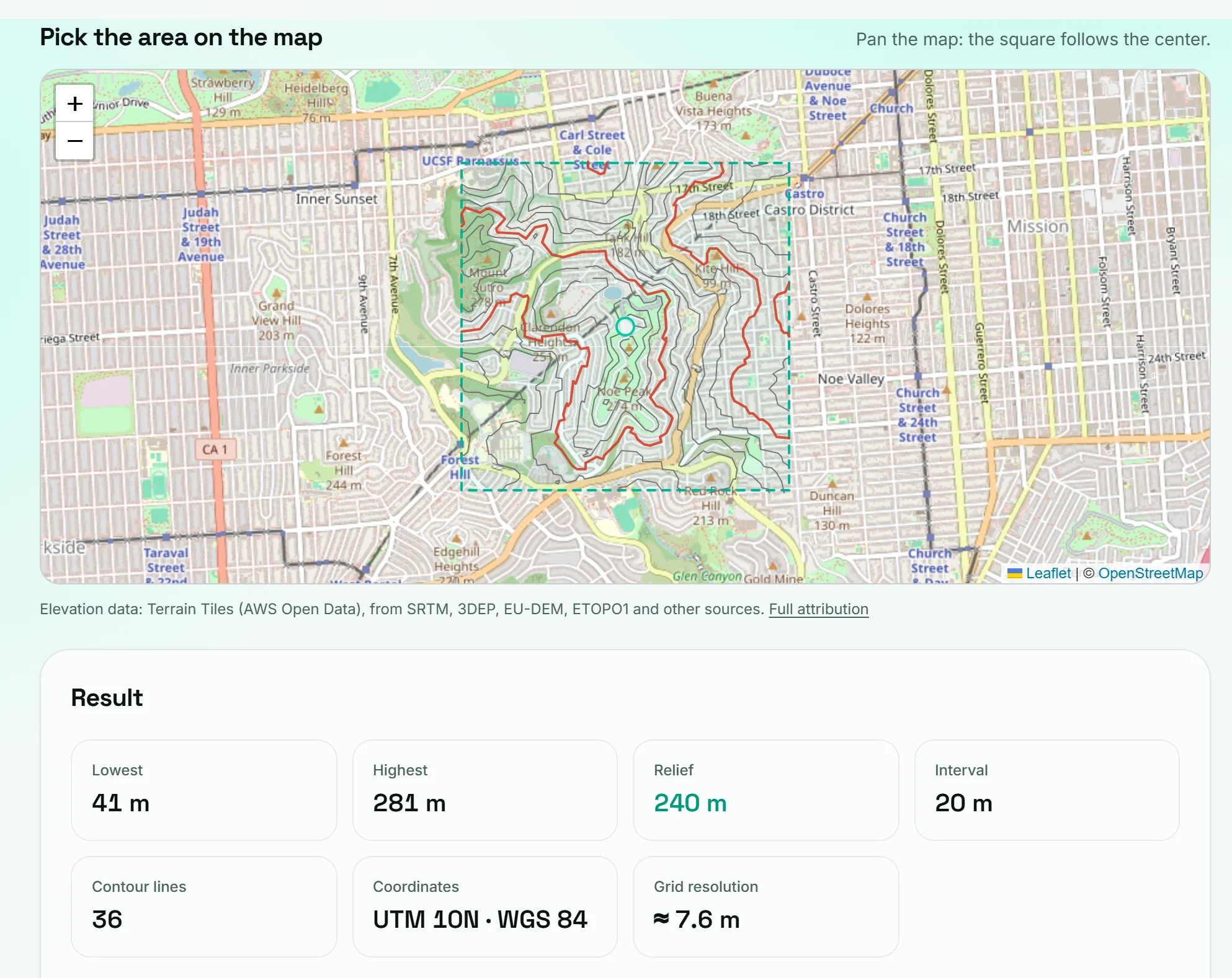 Zeist contour map generator: 20 m contours around Twin Peaks, San Francisco, with elevations from 41 to 281 m