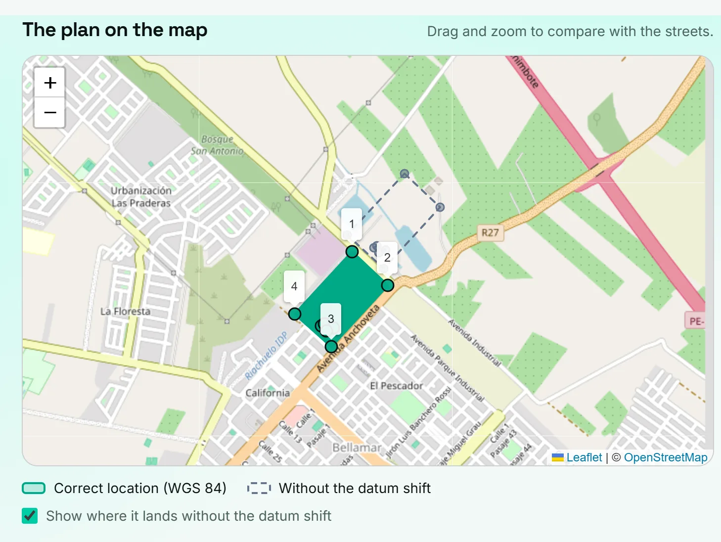 Map from the UTM coordinates on Google Maps tool: the example lot in Bellamar, Nuevo Chimbote, and a dashed outline where it lands without converting PSAD56 to WGS 84