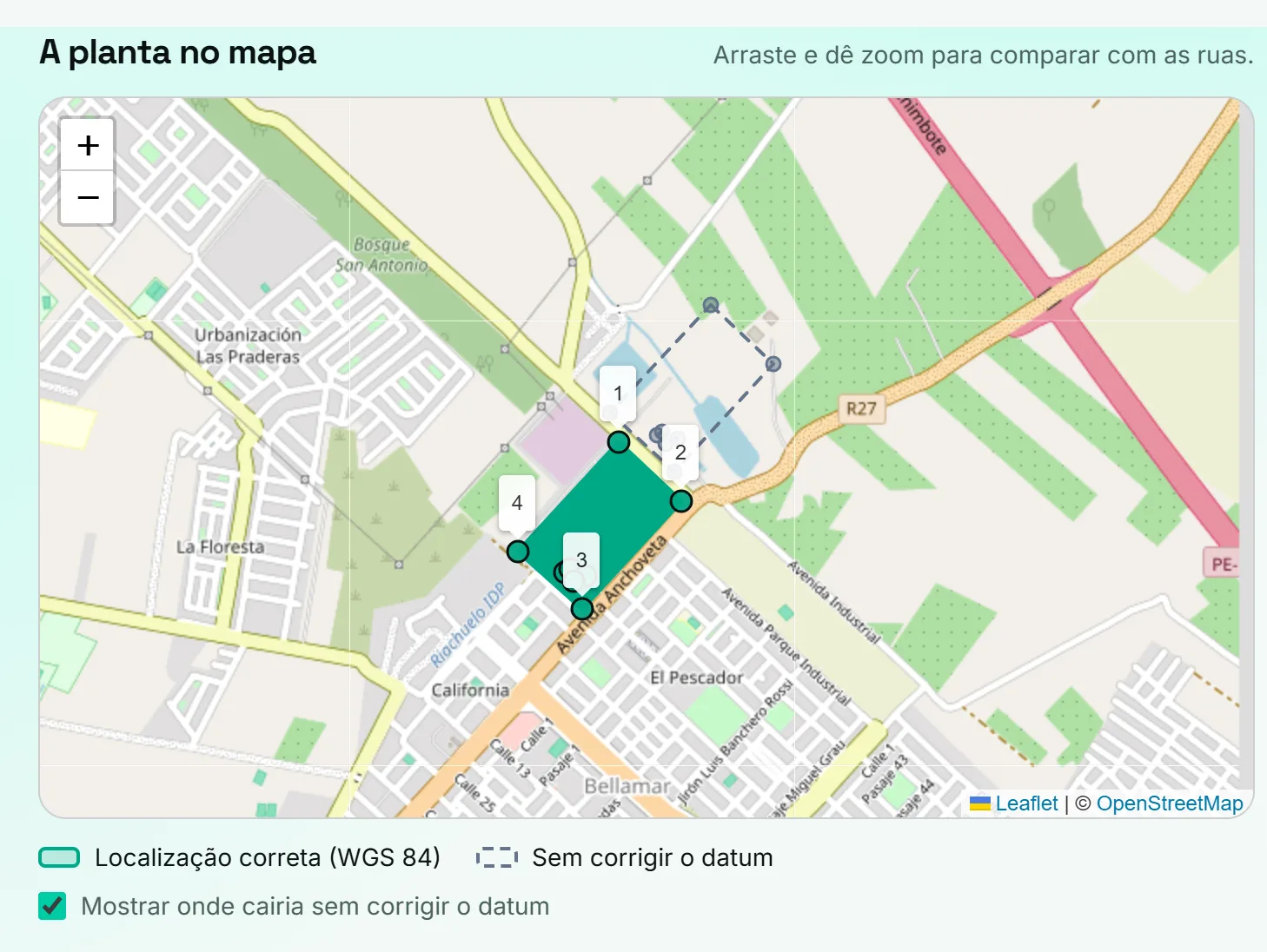 Mapa da ferramenta Coordenadas UTM no Google Maps: o lote do exemplo em Bellamar, Nuevo Chimbote, e em linha tracejada onde cairia sem converter de PSAD56 para WGS 84